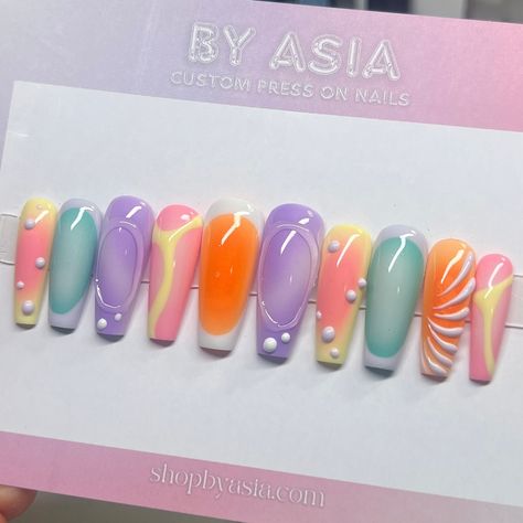 Mix & match multicolor set for Kaitley in long coffin! DM me to get started with your custom order or shop directly from my website! 🤍 Recreation @miaminailstudio #nails #nailsnailsnails #pressonnails #pressonnailsforsale #pressonnailset #pressonnailslovers #pinknails #orangenails #purplenails #yellownails #longnails Spring Nails Colorful, Mix And Match Nails, Asia Nails, Glitter Flowers, Jelly Nails, Orange Nails, Yellow Nails, Purple Nails, 3d Nails