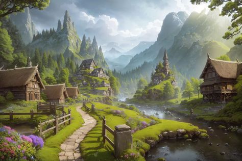 Valley Village Fantasy Art, Fantasy Plains Village, Fantasy Plains Landscape, Fantasy Setting Village, Fantasy Plains, Village Concept Art, Fantasy Farm, Plains Landscape, Farm Town