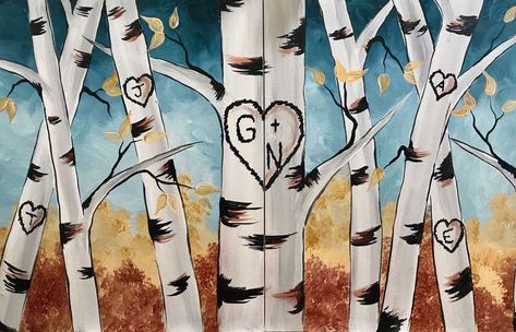 Couples Painting, Painting Love Couple, Couples Canvas Painting, Initial Canvas, Pinots Palette, Painting Parties, Birch Tree Painting, Couples Canvas, Couple Painting