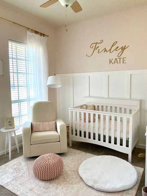 Girly Nursery Accent Wall, Pink White Nursery Ideas, Nursery Wall Accent Ideas, All White Nursery Girl, Pink White And Gold Nursery, Baby Girl Nursery Pink And White, Pink And White Nursery Walls, Blush Pink Baby Nursery, Waynes Coating Nursery Wall