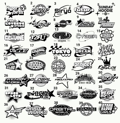 2000 Design Graphic, Y2k Numbers, Logo Streetwear Design, 2000 Throwback, Y2k Design Aesthetic, Y2k Letters, Y2k Design Graphic, Tattoo Shop Logo, Y2k Logo Design