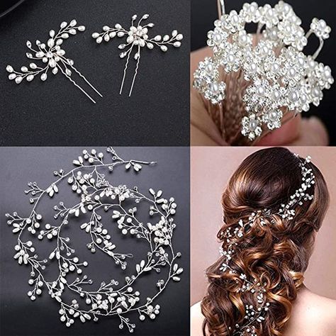 Amazon.com : 100cm / 39.3in Crystals Bridal Wedding Jewelry Hair Accessories for Women, 1 Pair of Crystal Rhinestone Hair Pins, 20 Pack Pearl Flower Crystal Hair Pins Clips, 1 Pack Hair Headpiece Pearl : Beauty Silver Wedding Hair Accessories, Hair Headpiece, Jewelry Hair Accessories, Rhinestone Hair Pin, Headpiece Hairstyles, Rhinestone Hair Clip, Crystal Hair Pins, Flower Crystal, Jewelry Hair