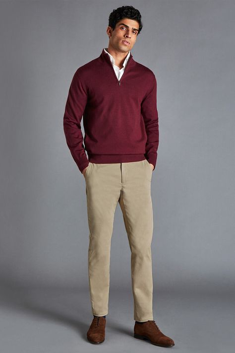 Half Zipped Sweater Outfit Men, Burgundy Polo Outfit Men, Burgundy Outfits Men, Brown Suede Shoes Men Outfit, Burgundy Sweater Outfit Men, Tan Shoes Outfit Men, Brown Combo Outfit, Burgundy Shirt Outfit Men, Khaki Chinos Men Outfits