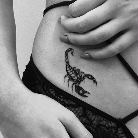 Tattoo On Hip Bone, Scorpio Aesthetic, Jungkook X Reader, Small Shoulder Tattoos, Scorpio Tattoo, Scorpion Tattoo, Hip Tattoos Women, Zodiac Tattoos, Greek Tattoos