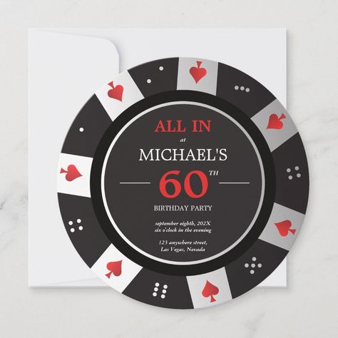 Celebrate your milestone 60th birthday in style with our adult birthday invitation designed to look like a poker chip! This invitation is perfect for anyone who loves casinos, gambling, or anything Vegas-themed.  The front of the invitation features a high-quality, full-color print of a poker chip with your name and birthday prominently displayed in the center. The back of the invitation includes all of the important details of your celebration, including the party location, time, and dress code Prom Tickets, Casino Royale Theme, Bachelor Party Invitations, Number 100, Poker Party, 60th Birthday Invitations, Poker Chip, 30th Birthday Invitations, Photo Birthday Invitations