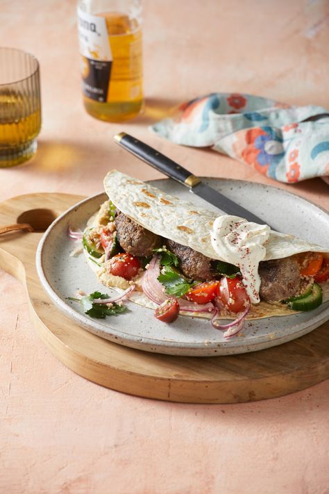 Lamb Kofta, Justine Schofield, Wrap Recipe, Summer Bbq, Wrap Recipes, Couscous, Skewers, 4 Ingredients, Mexican Food