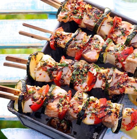 Three-Fish Kabobs Fish Kabobs, Easy Kabobs, Shrimp Kabobs, Vegetable Kabobs, Catering Food Displays, Grilling Kabobs, Kabob Skewers, Grilled Fruit, Kabob Recipes