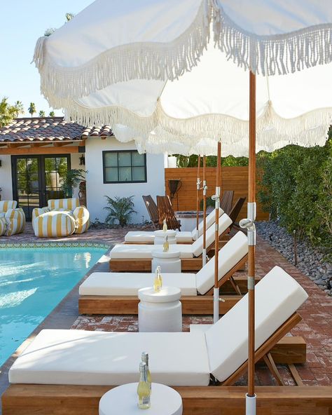 Striped Pool Furniture, Pool Deck Lounge Chairs, Yellow Patio Umbrella, Pool Lounge Chairs With Umbrella, Teak Pool Furniture, Pool Lounge Chairs Sun Lounger, Backyard Lounge Chairs, Chaise Lounge Poolside, Pool Umbrella Ideas Outdoor Patios