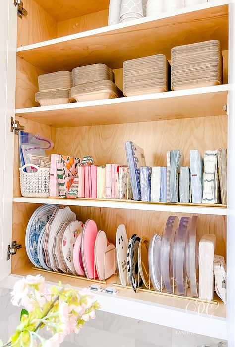 The Wren's Butler's Pantry Reveal - Randi Garrett Design Organizing Kitchen Paper Products, Practical Pantry Organization, Butlers Pantry Organization, Hosting Closet, Party Pantry, Wall Pantry Ideas, Pretty Organization, Party Supply Organization, Product Organization