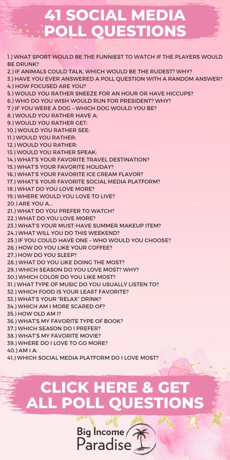 Poll questions || Social Media poll questions || Poll questions for Instagram || Poll questions for Facebook || Poll questions for Instagram story || Funny poll questions || Poll questios for Facebook Group || #pollquestions #socialmediacontent #socialmediacontentideas Questions To Ask On Instagram Live, Engagement Questions For Instagram, Yes Or No Questions Instagram Polls, Insta Polls Questions, Social Media Questions Posts, Funny Polls For Instagram Story, Fill In The Blank Questions Social Media, Ig Story Polls Ideas, Facebook Questions Posts