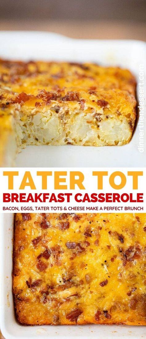 Tater Tot Breakfast Casserole Recipe (Bacon & Egg) - Dinner, then Dessert Loaded Tater Tot, Crowd Breakfast, Tot Breakfast Casserole, Loaded Tater Tots, Christmas Breakfast Casserole, Tater Tot Breakfast Casserole, Eggs Dinner, Breakfast Casserole Bacon, Tater Tot Breakfast