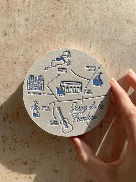 Blue letterpress coaster of Jerez de la Frontera, Spain. Flamenco inspired city. Mapa de jerez de la frontera con impresión bajo relieve. Spain Flamenco, Letterpress Coasters, Foil Business Cards, 40th Birthday Decorations, Letterpress Stationery, Fly On The Wall, Wedding Coasters, Letterpress Wedding, Paper Coaster