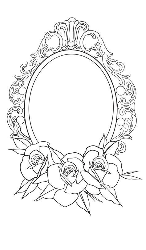 Frame Portrait Tattoo, Mirror Frame Drawing, Vintage Mirror Drawing, Cameo Drawing, Frame Tattoo Design, Vintage Frame Tattoo, Vintage Mirror Tattoo, Mandala Mehendi, Cameo Tattoo