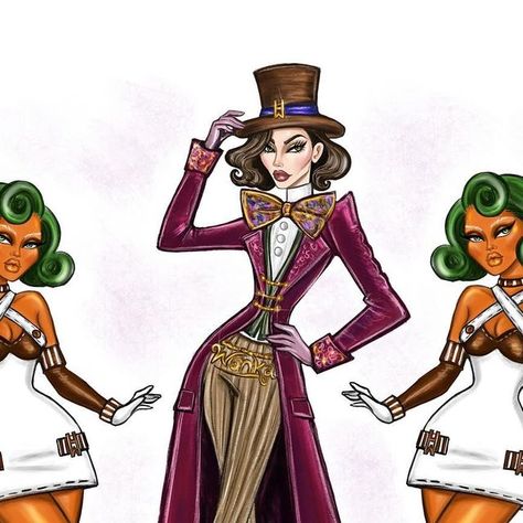 Hayden Williams on Instagram: "#Wonka & her #OompaLoompas 🍫 🍭 🍬 What if #WillyWonka & the #OompaLoompa characters were female? Here’s my take on a fashion forward version of them. I wanted to merge both past & present interpretations. #CharlieAndTheChocolateFactory #RoaldDahl" Willy Wonka Dress To Impress, Wonka Costume, Oompa Loompa, Hayden Williams, Willy Wonka, Roald Dahl, Fashion Design Sketches, Fashion Illustrations, Women's Costumes