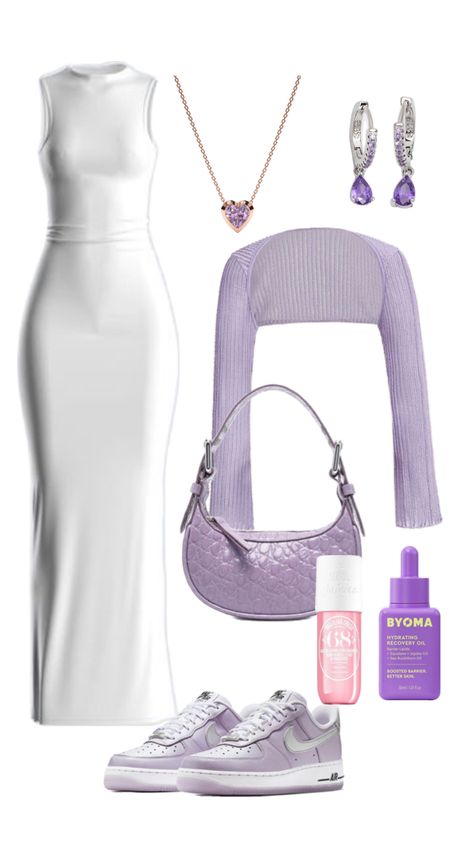 White dress with purple shrugs and snickers Cute Picnic, Picnic Outfit, Purple Outfit, Purple Accessories, Outfit Layout, White Dress, Layout, Purple, White