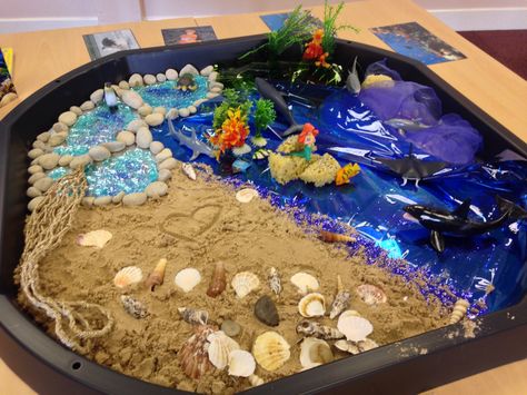 Small world 'Under The Sea' set-up in tuff tray #smallworld #eyfs #sealife #mermaid Sharing A Shell, Rainbow Fish Activities, Snail And The Whale, Under The Sea Crafts, Sea Activities, Tuff Spot, Fish Activities, Sand Tray, Eyfs Activities