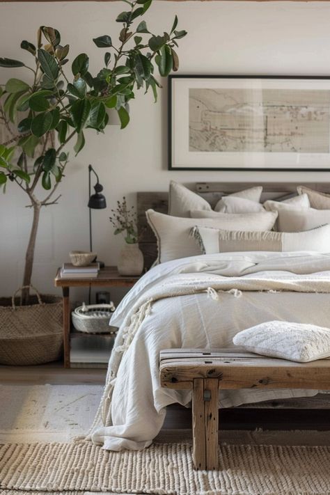 17 Neutral Bedroom Ideas That Will Make You Want to Stay In Bed All Day Cream Colored Bedding Neutral Bedrooms, Simple Master Bed, Bedroom Inspirations Neutral, Modern Neutral Bedroom, Richmond House, Neutral Bedroom Ideas, Organic Modern Bedroom, Modern Bedroom Colors, Bedroom Colour Palette