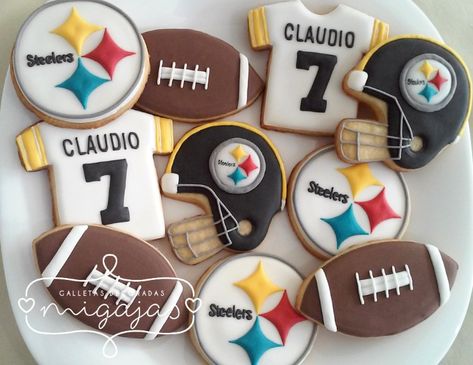 Steelers Party Decorations, Steelers Party Ideas, Steelers Themed Birthday Party, Football Themed Cookies, Steelers Birthday Party Ideas, Steelers Birthday Party, Steelers Cookies, Nfl Cookies, Steelers Birthday