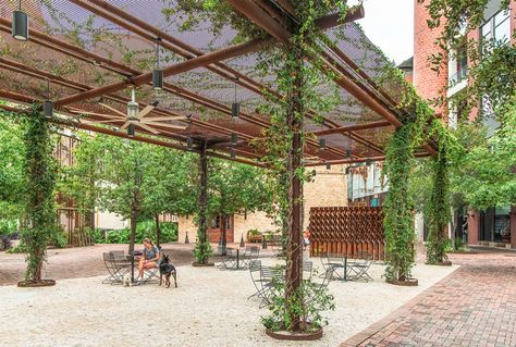 The Plaza & The Cellars at Pearl Brewery - Ten Eyck Landscape Architects, Inc. Landscape Plaza, Urban Spaces Design, Metal Garden Fencing, Outdoor Dining Spaces, Landscape Elements, Outdoor Classroom, Fire Features, Shade Structure, Rooftop Garden