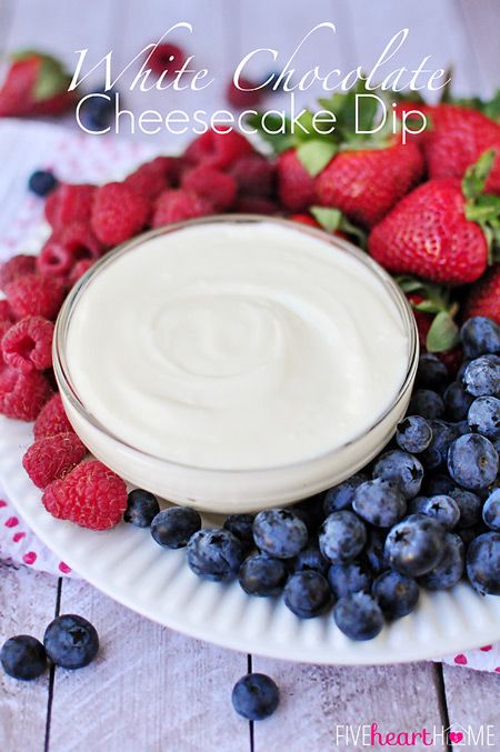 White Chocolate Cheesecake Fruit  Dip ~ melted white chocolate, blended with cream cheese and fresh whipped cream, makes an effortless, delicious fruit dip | FiveHeartHome.com for OneSheTwoShe.com Chocolate Cheesecake Dip, Cheesecake Fruit Dip, Chocolate Fruit Dip, Cheesecake Fruit, Melted White Chocolate, White Chocolate Cheesecake, Cheesecake Dip, Sweet Dips, Chocolate Fruit