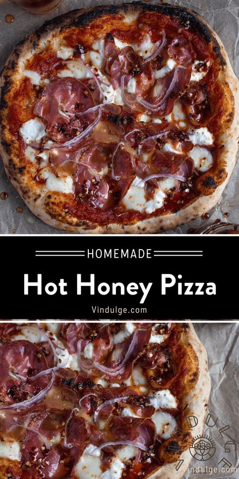 This hot honey pizza is topped with red sauce, mozzarella and ricotta cheese, prosciutto, coppa, and drizzled with hot honey after it comes out of the oven. Hot Honey Pizza, White Sauce Pizza Recipe, Pizza With Prosciutto, Pizza Toppings Combinations, Honey Pizza, White Pizza Sauce, Plant Based Pizza, Pizza Soup, Meat Lovers Pizza