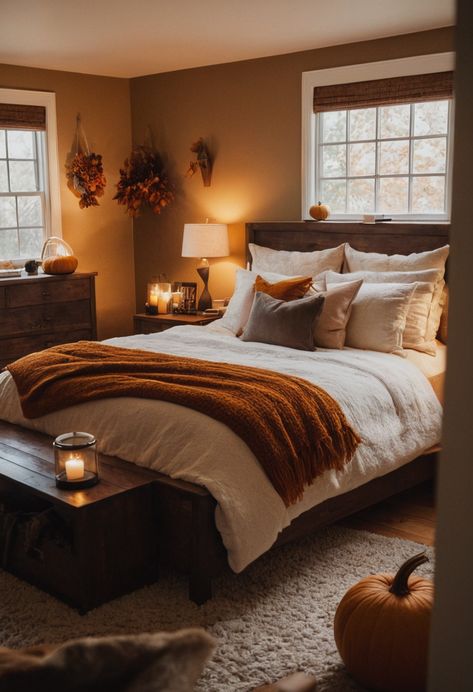 Fall is here, and it’s time to cozy up your bedroom to match the changing season!  As the leaves turn golden and the air gets … Cosy Couple Bedroom, Rustic Orange Bedroom Ideas, Small Cozy Bedroom Ideas For Couples, Fall Bedroom Ideas Cozy, Cozy Fall Bed, Cozy Couples Bedroom, Married Couple Bedroom Ideas, Cute Apartment Ideas For Couples, Fall Themed Bedroom