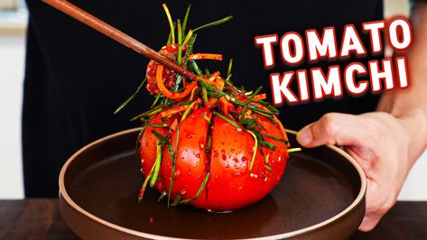 Tomato Kimchi Tomato Kimchi, Traditional Kimchi, Pickled Things, Korean Vegetables, Korean Glass Noodles, Cucumber Kimchi, Vegetable Pancakes, Rice Noodle Soups, Easy Egg Recipes