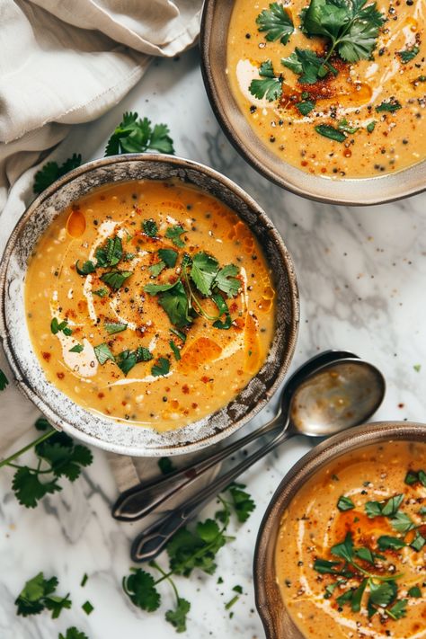 Three bowls of creamy soup garnished with cilantro, spices, and a drizzle of cream, with spoons and a napkin on the side. Coconut Red Lentil Curry, Tumeric Food Recipes, Curry Soup Recipes Vegetarian, Miso Lentil Soup, Coconut Curry Soup Vegetarian, Curry Bowl Recipe, Vegan Curry Soup, Asian Soup Recipes Vegetarian, Indian Lentil Soup Recipe