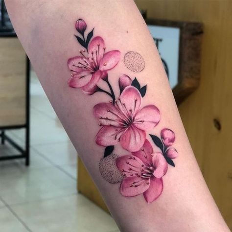 Cherry Flowers Tattoo, Color Cherry Blossom Tattoo, Sakura Flower Tattoo Japanese, Japanese Sakura Tattoo, Sakura Tattoo Design, Sakura Flower Tattoo, Ink Tattoo Girl, Forearm Cover Up Tattoos, Tattoos Flowers