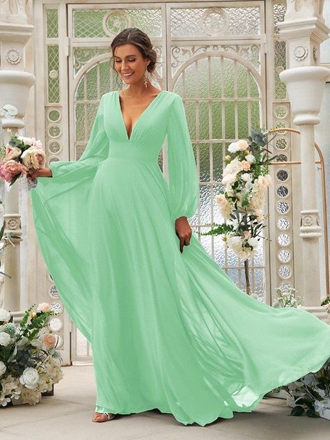 A-Line/Princess Chiffon Ruffles V-neck Long Sleeves Sweep/Brush Train Bridesmaid Dresses - Hebeos Taupe Bridesmaid Dresses, Wedding Evening Gown, Long Sleeve Bridesmaid Dress, Bridesmaid Dresses Long Chiffon, Knee Length Bridesmaid Dresses, Sleeveless Bridesmaid Dresses, Lace Bridesmaids, Evening Party Gowns, Winter Fabric