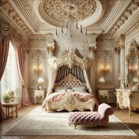 Cream Victorian Bedroom, Luxury Bedroom Chandelier, Victorian Royal Bedroom, Old Castle Interior, Detailed Ceiling, Royal Luxury Bedroom Design, Luxury House Ideas, Baroque Bedroom, Rococo Bedroom