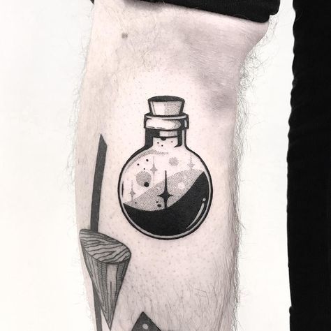 Potion Bottle Tattoo, Potion Tattoo, Believe Tattoos, Related Tattoos, Bottle Tattoo, Bottle Drawing, Spooky Tattoos, Magic Potion, Tattoo Desings