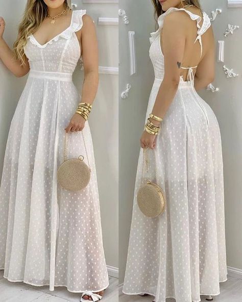 cd0dce8fca267bf1fb86cf43e18d5598desc45151996ri High Waist Maxi Dress, Backless Dress Summer, Ruffles Fashion, Solid Color Dress, Slim Dresses, Women Long Dresses, White Maxi Dresses, Mesh Dress, Chic Dress