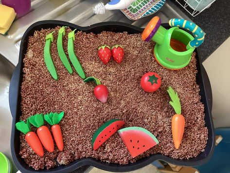 Sensory tray, tuff tray, sensory play, Fruit and veg theme, vegetable patch Sensory Tray, Vegetable Patch, Tuff Tray, Fruit And Veg, Sensory Play, Fruits And Vegetables, Sugar Cookie, Tray, Fruit