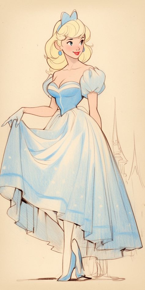 Princess Character Design Concept Art, Disney Princess Concept Art, Cinderella Redesign, Caricature Aesthetic, Cinderella Dress Drawing, Princess Dress Illustration, Disney Princess Poses, Disney Animation Sketches, Princess Drawings Sketches