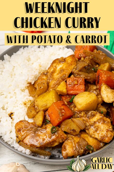 Warm up your weeknights with our Chicken Curry complete with potatoes and carrots!  Looking for a quick and easy dinner option that's packed with flavor? Look no further than our Weeknight Chicken Potato Curry! Tender chicken, hearty potatoes and carrots, and aromatic spices combine to create a comforting and delicious meal that's perfect for any night of the week.  #EasyDinner #ChickenCurry #ComfortFood #WeeknightRecipe Yellow Curry With Potatoes, Curry Chicken And Potatoes Recipes, Easy Potato Curry, One Pot Chicken Potatoes, Chicken And Sweet Potato Curry, Chicken Potato Carrot, Curry Chicken And Potatoes, Sweet Potato Dinner Recipes, Curry Chicken With Potatoes