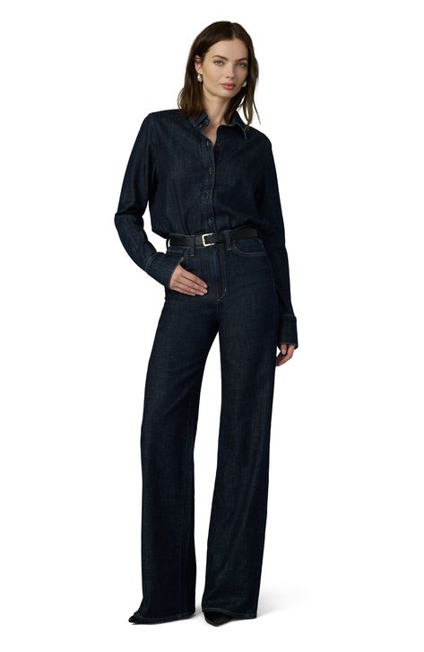 Flaunt retro-chic style in these dramatic dark-wash jeans featuring a superhigh waist and extralong wide legs. 34" inseam; 23" leg opening; 11 1/2" front rise Zip fly with button closure Five-pocket style 88% cotton, 12% polyester Machine wash, tumble dry Imported High Rise Wide Leg Jeans, Joes Jeans, Tall Model, Denim Shirt, Model Measurements, Wide Leg Jeans, Wide Leg, High Rise, Size 4