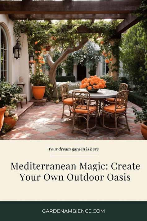 Explore Mediterranean-style outdoor furniture and learn how to create a relaxing, vacation-like feel in your backyard. Spanish Inspired Backyard Patio, Tuscan Style Landscaping, Mediterranean Style Backyard Ideas, Mediterranean Outdoor Living, Greek Patio Outdoor Living, Mediterranean Garden Furniture, Spanish Mediterranean Backyard, Spanish Colonial Backyard, Spanish Mediterranean Landscape Design