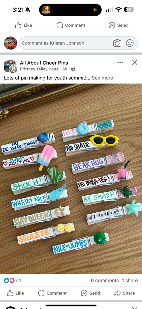 Volleyball Clothespins Ideas, Cheerleading Pin Ideas, Cheer Close Pin Ideas, Cheer Pin Ideas, Cheer Pegs, Cheer Clothespins Ideas, Cheer Clothespins, Cheer Good Luck Pins, Cute Cheer Gifts