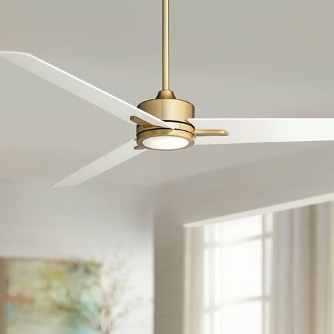 PRICES MAY VARY. UL listed. 60" blade span. 14-degree blade pitch. 120 x 20 mm DC motor size. Canopy is 5 1/2" wide x 2" high. Maximum 20-degree ceiling slope with canopy. Soft brass finish motor. Three matte white finish blades. Polycarbonate diffuser. Integrated 15 watt LED fan light. 3000K color temperature. 1350 lumens. Full function 6-speed hand-held six-speed remote control with dimming function included. Rated for indoor use only. Modern luxe style by Casa Vieja. 4 1/2" downrod included.