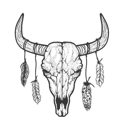 Bull Skull with Feathers Native Americans Tribal Style. Tattoo Blackwork. Vector Hand Drawn Illustration. Boho Design Stock Vector - Illustration of hand, feathers: 83136236 Bull Skull With Feathers, Dotted Tattoo, Bull Skull Tattoo, Atrapasueños Tattoo, Bull Skull Tattoos, Native American Tattoo, Native American Tattoos, Native Tattoos, Petit Tattoo