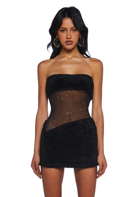 Sexy Womans Stretchy Sheer Mesh Rhinestone Faux Fur Sherpa Mini Dress - Black – Dolls Kill Black Mini Dress Fancy, Unique Black Mini Dress, Black Dress With Fur, Birthday Mini Dress, Girl Scout Costume, Pot Brownie, Rave Fit, Brownie Girl Scout, Edgy Dress