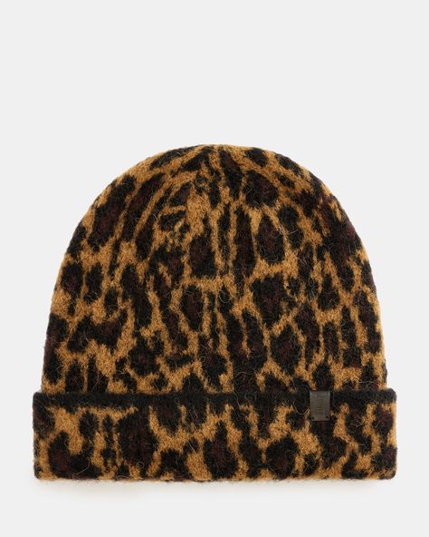 Classic leopard print, brushed texture - this knitted beanie ticks all the boxes. Accessorise and keep warm, it's crafted from a soft wool blend fabric in a classic shape with a turned up cuff. Completed with our AllSaints signature on a leather tab.  Beanie hat Leopard print jacquard Turned up cuff AllSaints leather logo tab Brushed fabric Allsaints Leather, Friday Weekend, Knitted Beanie, Jean Trends, Warm Socks, Leather Logo, Knitting Women, Soft Wool, 2024 Collection