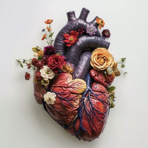 Anatomical Heart Painting, Anatomical Heart With Flowers, Anatomical Heart Drawing, Flowers Intertwined, Heart Organ, Anatomical Heart Art, Galaxy Flowers, Heart Real, Heart With Flowers