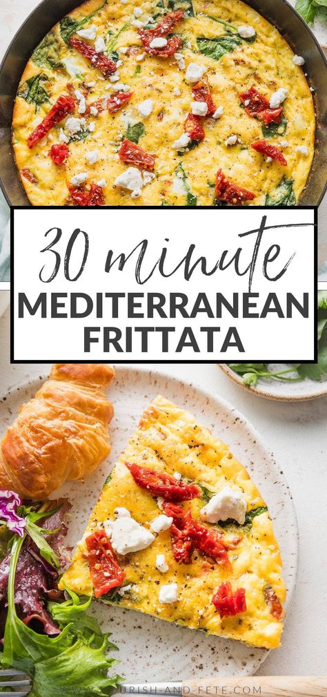 Whip up this Mediterranean Frittata for a quick, delicious, and satisfying meal any time of the day. It's got fluffy eggs, tender greens, tangy sun-dried tomatoes, and creamy Feta cheese, all in an easy one-skillet dish you'll love time and again. Feta Frittata Recipes, Sun Dried Tomato Omelette, Mediterranean Diet Frittata Recipes, Fatata Eggs, Mediterranean Feta Egg Bake, Feta Omlet Recipes, Sun Dried Tomato Breakfast, Feta And Eggs, Feta Eggs Breakfast