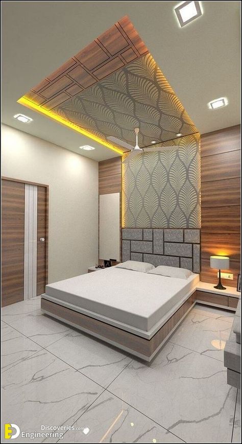 45 Modern Master Bedroom Design Ideas - Engineering Discoveries Wooden Wardrobe Design, High Ceiling Living Room, Hall And Living Room, Pop False Ceiling Design, Bedroom Cupboard Designs, Hall Interior Design, Wardrobe Interior Design, Ceiling Design Modern, Bed Design Modern