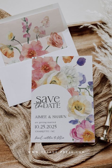 Bloom Flower Save the Date | Printable Template This listing is for an EDITABLE DIGITAL TEMPLATE of a wedding invitation save the date card which YOU get to customize. The wedding design features colorful flowers with an Arch background and modern fonts typography. TRY BEFORE YOU BUY Experience the flexibility to edit our templates with our DEMO! Click here to try before purchasing: Flower Bloom Save the Date Printable Template Demo Where to print your order: Print with our exclusive link WHAT D Flower Save The Date, Arch Background, Pastel Wedding Theme, Arch Photo, Floral Cards Design, Colorful Invitations, Floral Save The Dates, Date Invitation, Flower Wedding Invitation