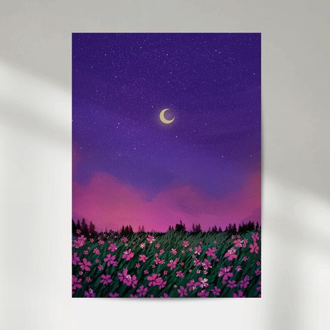 Moon And Flower Painting, Moon Art Painting, Flowers At Night, Flower Field Painting, Halloween Canvas Art, Pink Flower Painting, Field Paint, Doddle Art, Night Sky Painting