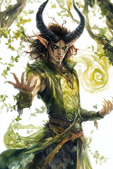 A brooding Tiefling Druid has long, dark, swirling horns and auburn skin that speaks at his origins. His piercing green eyes contrast his infernal nature and are a testament to his life in the wild. Adorned in robes woven with enchanted ivy, Faelgor wields a gnarled staff crowned with vibrant green crystals. Fire Druid Dnd, Wild Elf Dnd, Dnd Evil Druid, Forest Tiefling, Tiefling Green, Satyr Druid, Green Tiefling, Satyr Dnd, Tiefling Druid