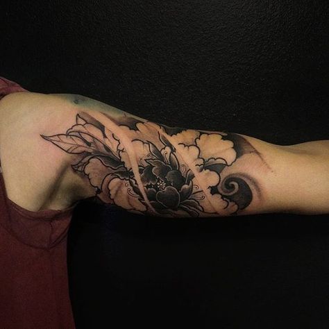 Inner Bicep Japanese Tattoo Men, Inside Elbow Tattoo Men, Japanese Inner Bicep Tattoo, Tattoo Inside Of Arm, Lion Floral Tattoo, Inner Bicep Tattoo Men Ideas, Inner Bicep Tattoo Men, Upper Arm Tattoo Men, Inside Bicep Tattoo Mens